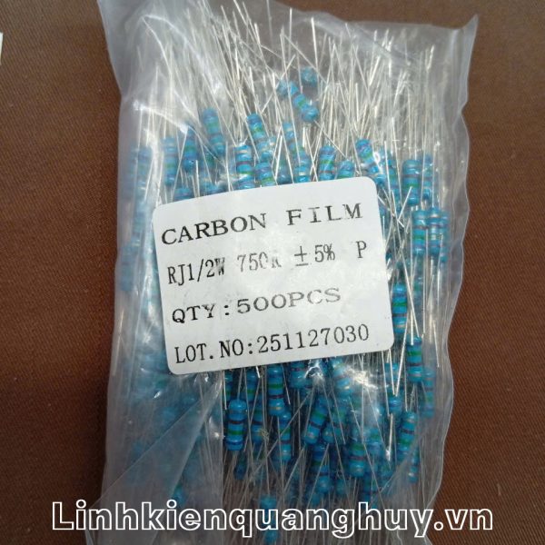 Điện trở vạch- Điện trở cắm 1/2W 5% 750R (10c)
