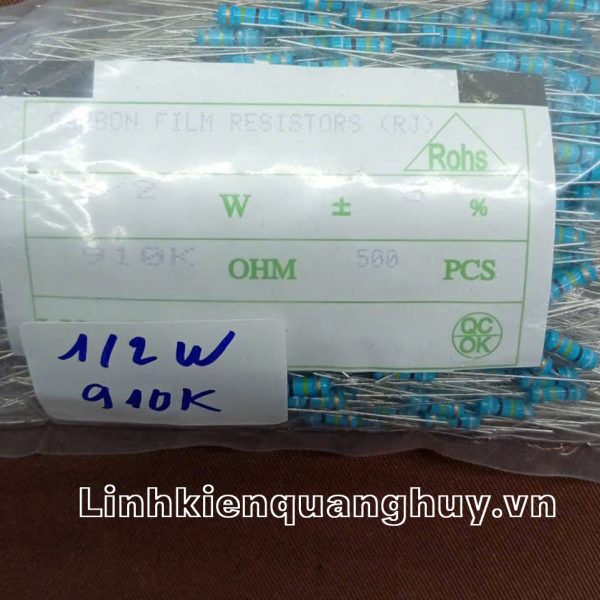 Điện trở vạch- Điện trở cắm 1/2W 5% 910K (10c)