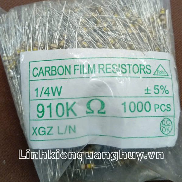 Điện trở vạch- Điện trở cắm 1/4W 5% 910K (50c)