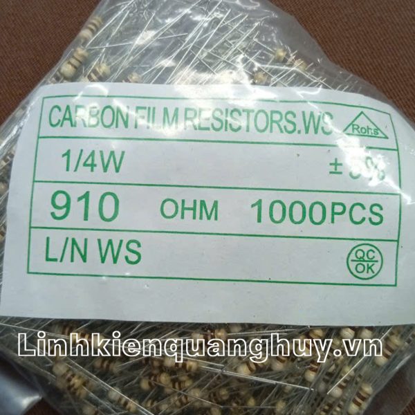 Điện trở vạch- Điện trở cắm 1/4W 5% 910R (50c)